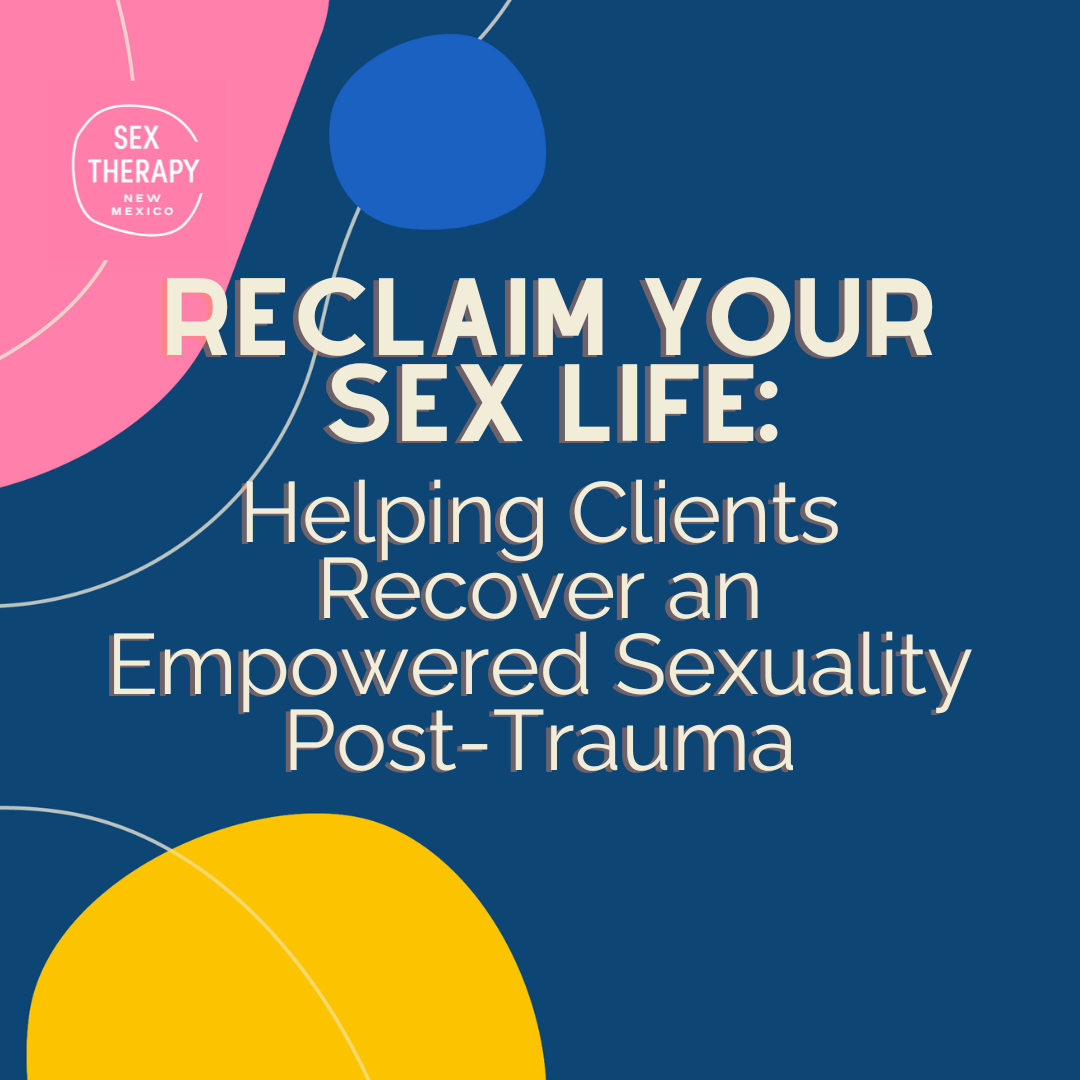 logo: Sex Therapy New Mexico and not quite perfect circle in white around words on dark blue background